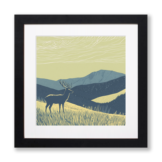 Stag silhouette on a ridge line Linoprint-Style Art (2559-2)