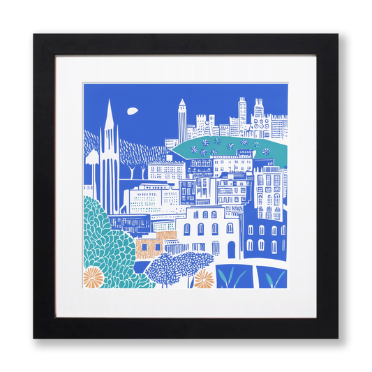 Barcelona skyline Linoprint-Style Art (838-1)