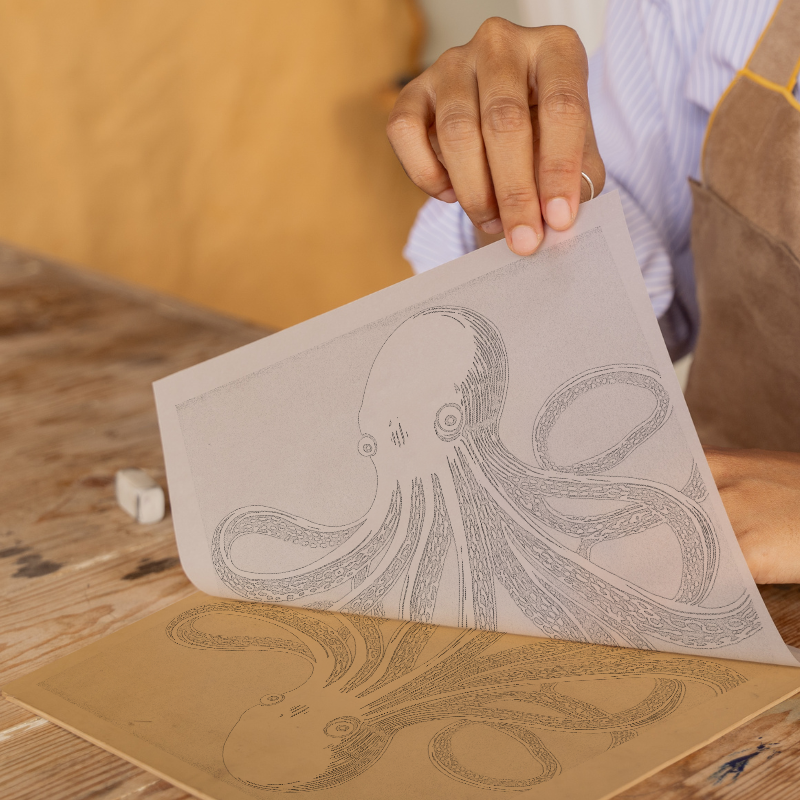 Octopus with swirling tentacles Linoprint-Style Art (1017-2)