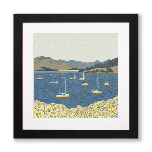 Lots of boats in Bowness Bay Linoprint-Style Art (2481-1)