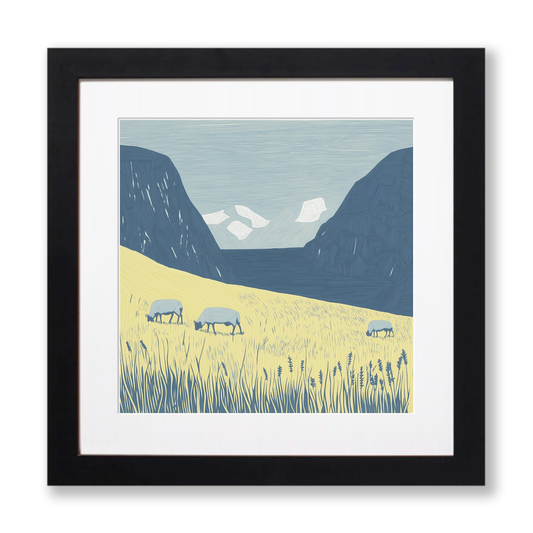 Sheep grazing below silhouetted crags Linoprint-Style Art (2541-1)