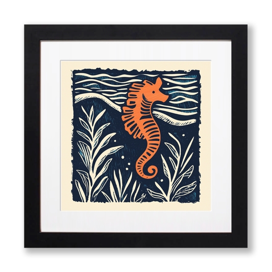 Seahorse in seaweed Linoprint-Style Art (109-2)