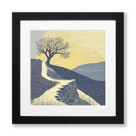 Dry stone wall silhouette along a skyline Linoprint-Style Art (2410-1)