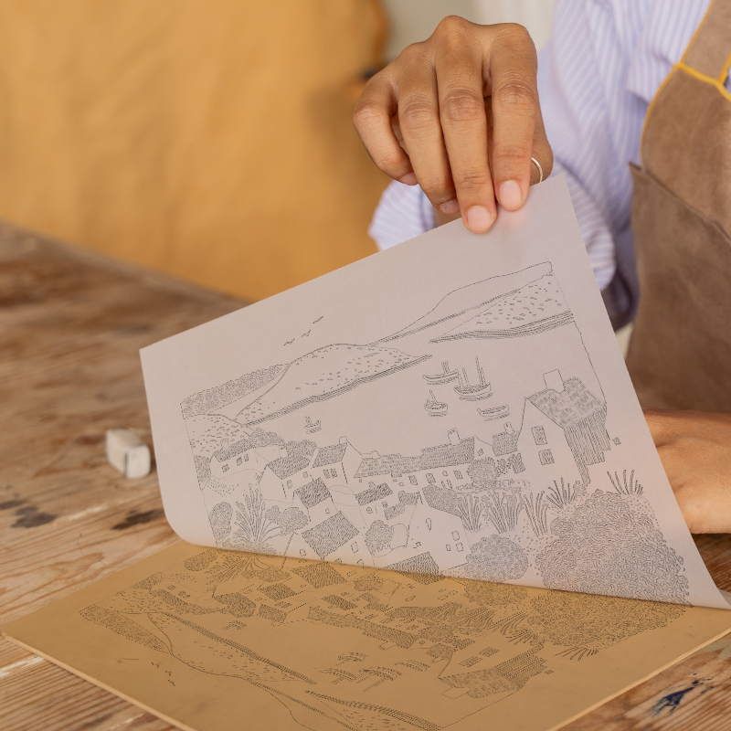 Village by the coast Linoprint-Style Art (978-1)