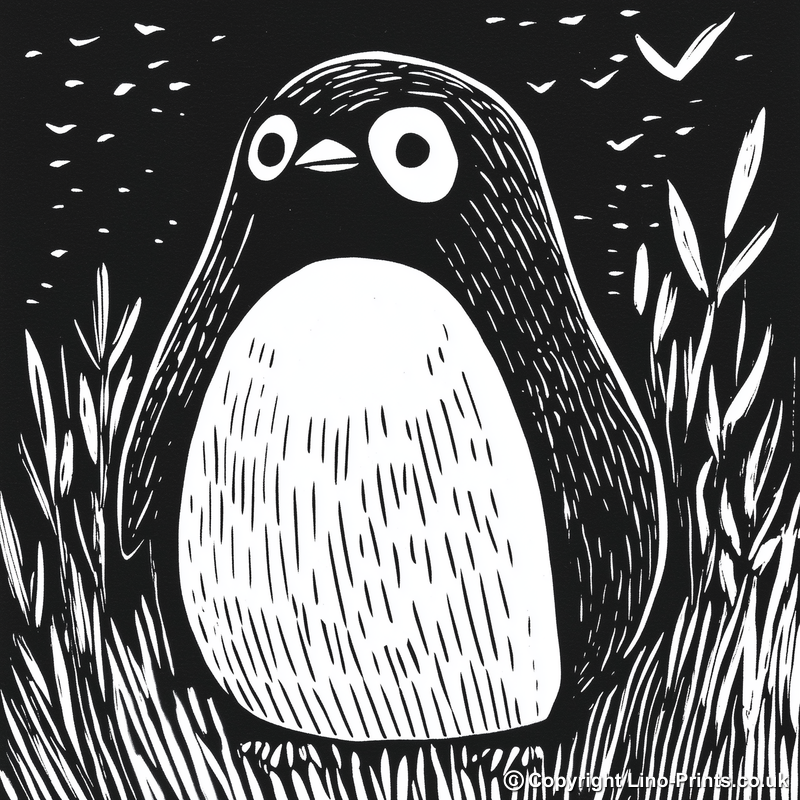 Cute Penguin Chick Linoprint-Style Art (927-1)