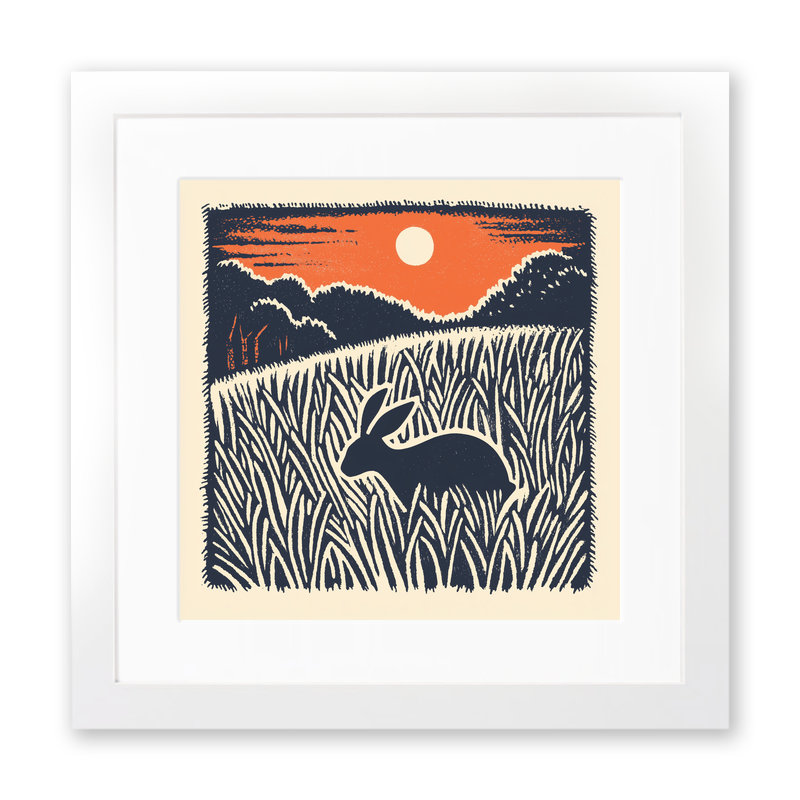 Hare in long grass Linoprint-Style Art (93-1)