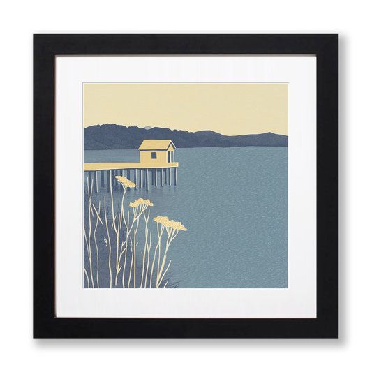 Boathouse silhouette on lake edge Linoprint-Style Art (2371-2)