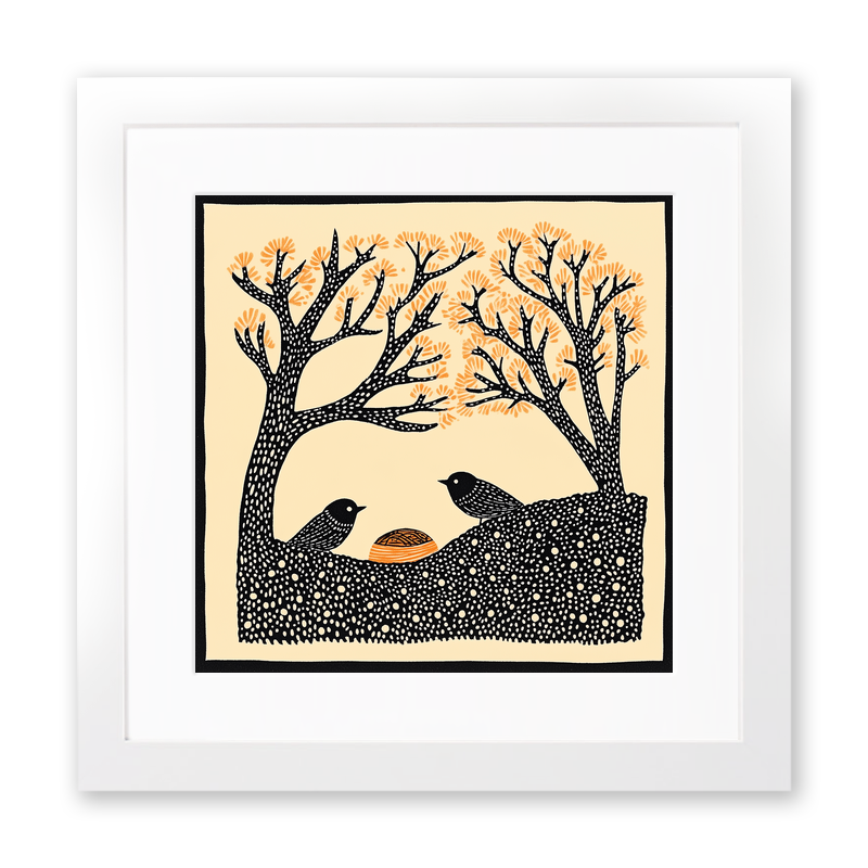 Brambles with birds nesting Linoprint-Style Art (248-1)