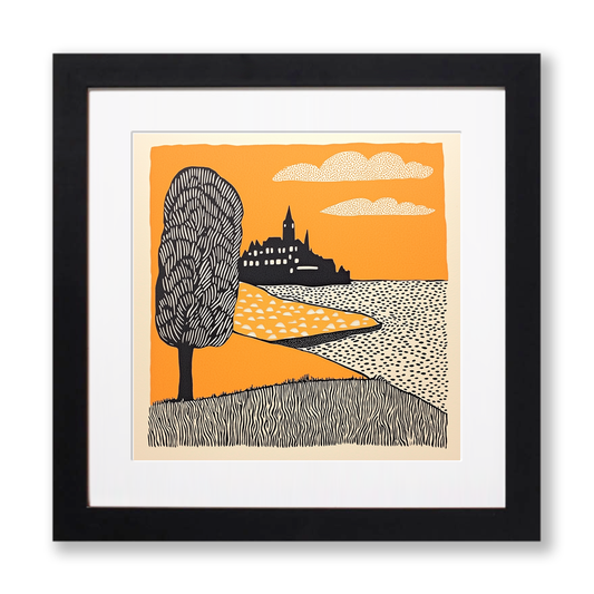 Mont Saint-Michel, France Linoprint-Style Art (183-3)