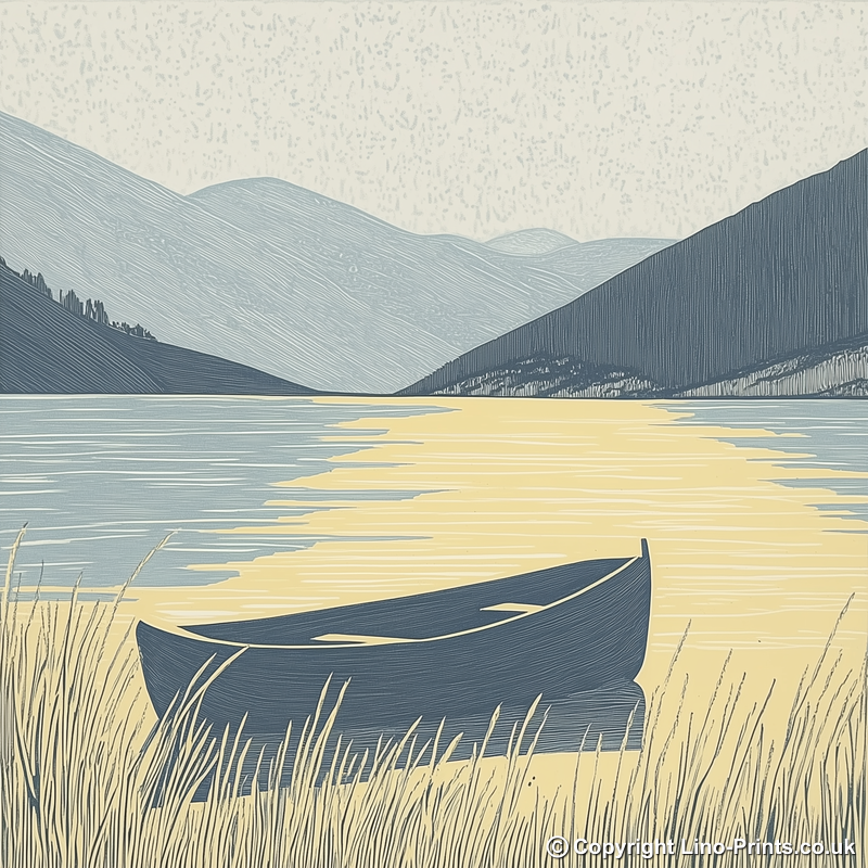 Rowing boat silhouette on calm lake Linoprint-Style Art (2523-1)