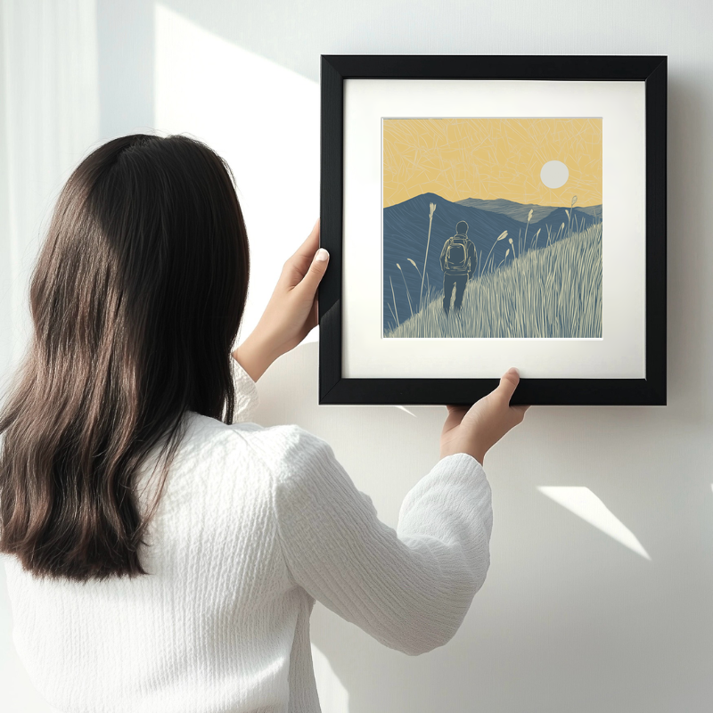 Hiker silhouette watching sunset over fells Linoprint-Style Art (2455-3)