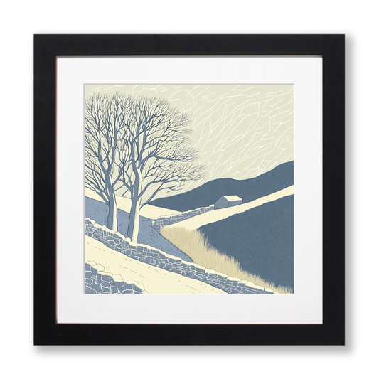 Hoar frost covering trees and walls Linoprint-Style Art (2457-1)