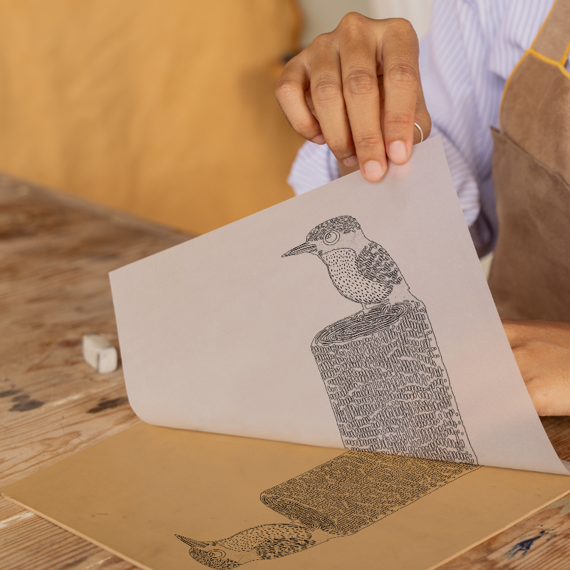 Woodpecker on tree trunk Linoprint-Style Art (741-1)