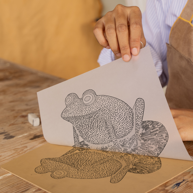 Frog on lily pad Linoprint-Style Art (715-1)