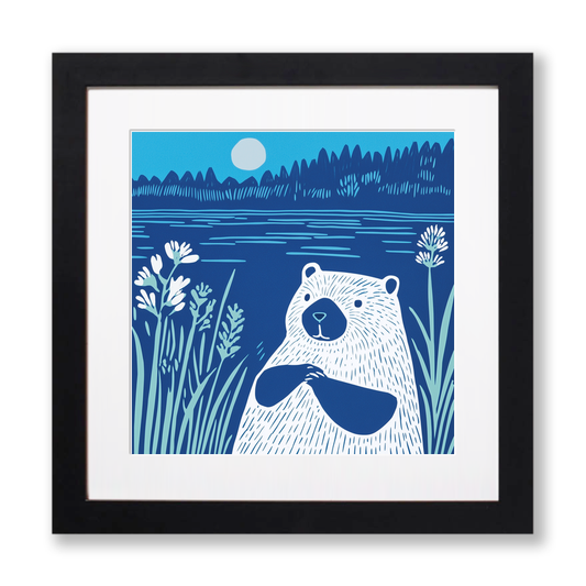 Cute Baby Beaver Linoprint-Style Art (900-1)