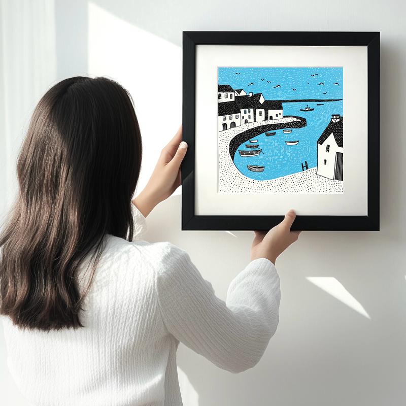 Mousehole Harbour, Cornwall Linoprint-Style Art (805-1)