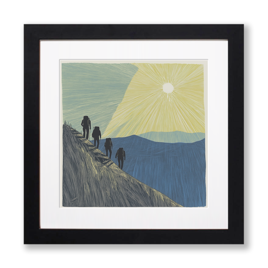 Hikers on a ridge silhouette Linoprint-Style Art (2456-2)
