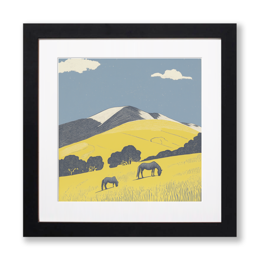 Fell ponies grazing Linoprint-Style Art (2424-1)