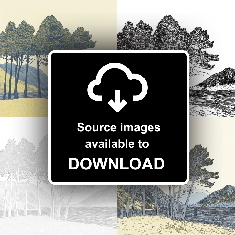 Pine trees silhouette on a lake island (e.g., Derwentwater) Linoprint-Style Art (2504-5)