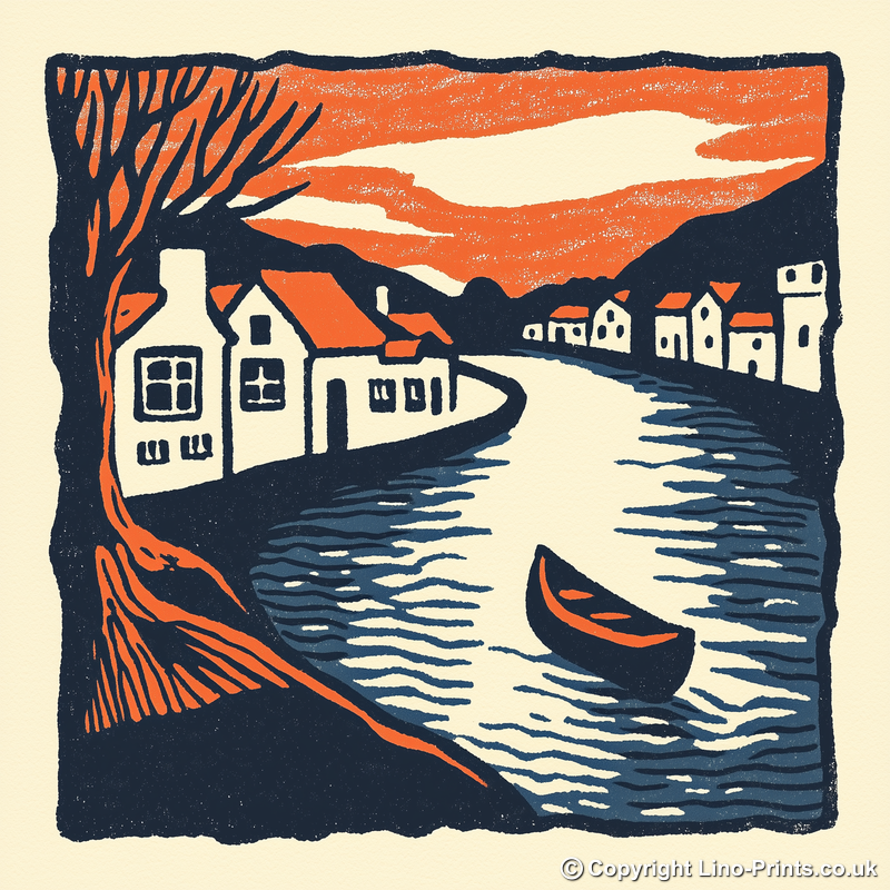 Amsterdam canal at twilight Linoprint-Style Art (2-5)