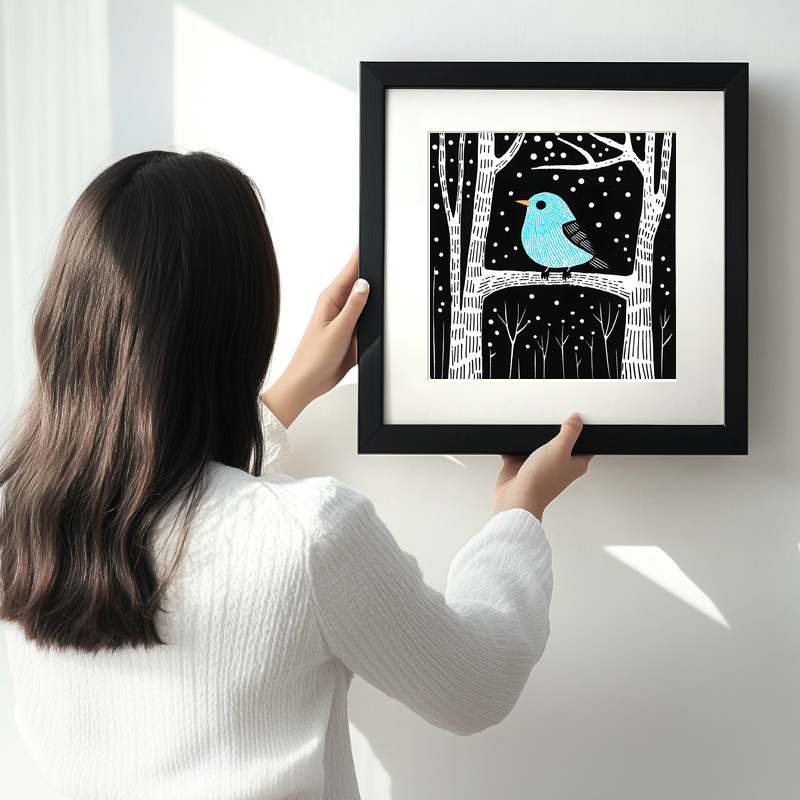 Robin on frosty branch Linoprint-Style Art (730-1)