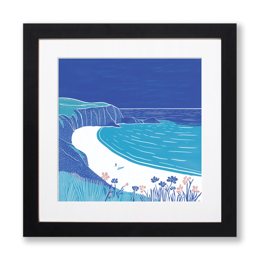 Porthcurno Beach Linoprint-Style Art (895-2)