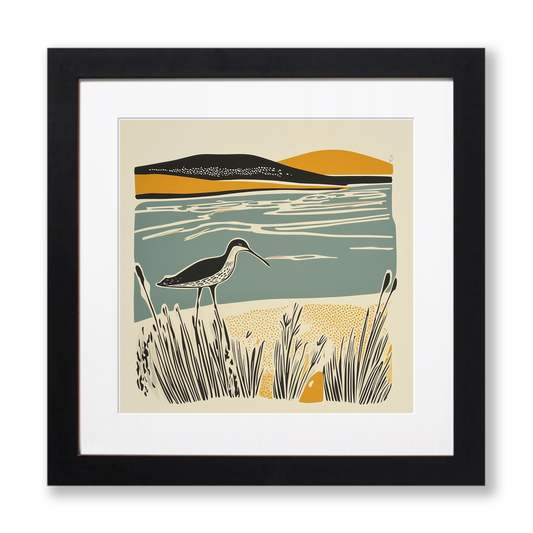 Curlew calling in the shallows Linoprint-Style Art (1878-1)