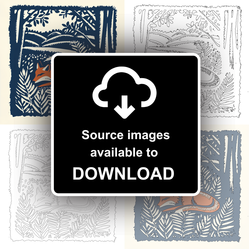 Ferns with resting fox Linoprint-Style Art (90-1)