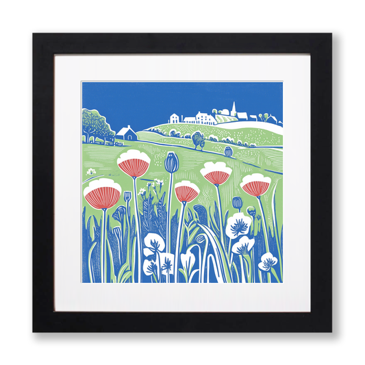 Field of poppies near Snettisham Linoprint-Style Art (1784-3)