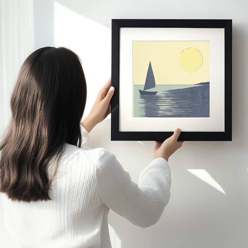 Sailing boat silhouette on the water Linoprint-Style Art (2528-3)