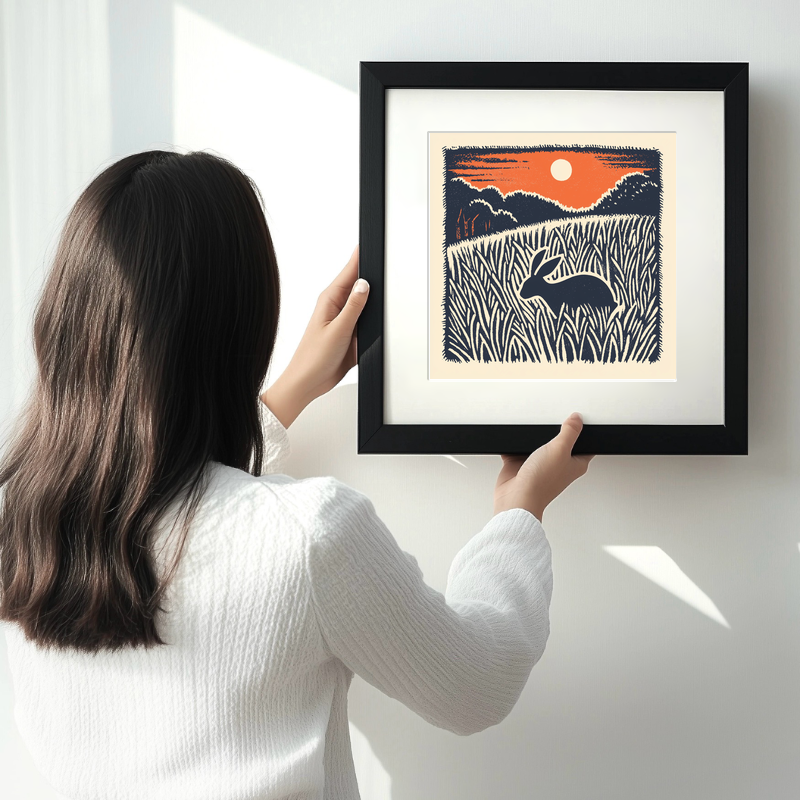 Hare in long grass Linoprint-Style Art (93-1)