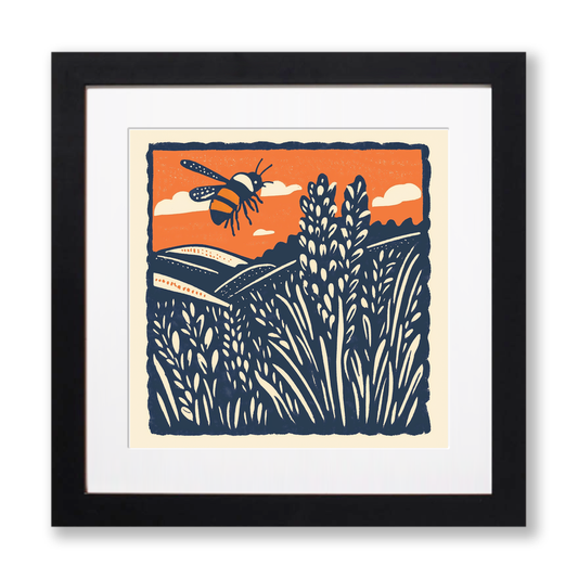 Bumblebee on lavender Linoprint-Style Art (87-1)