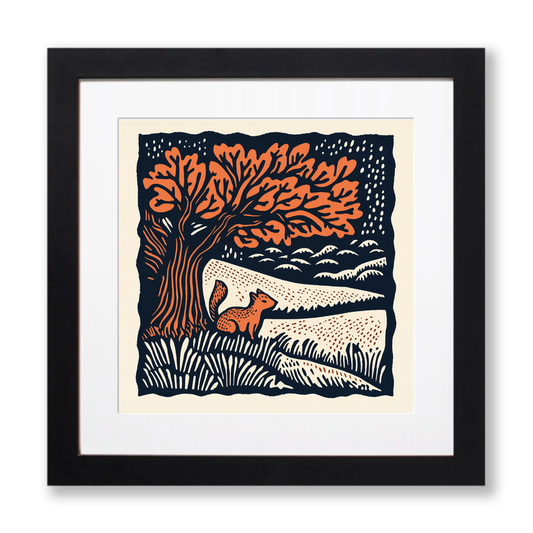Oak tree with squirrel Linoprint-Style Art (102-3)