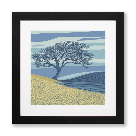 Lone windswept Hawthorn tree Linoprint-Style Art (2479-1)