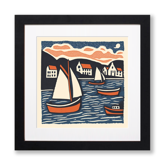 Wells-next-the-Sea harbour boats Linoprint-Style Art (2046-1)