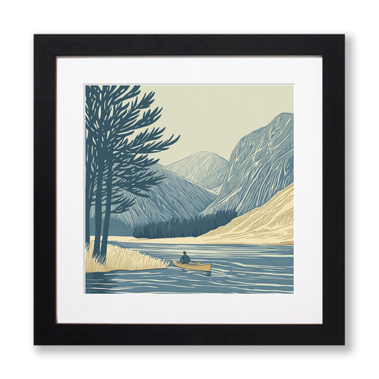 Kayaker near Buttermere pines Linoprint-Style Art (2467-3)
