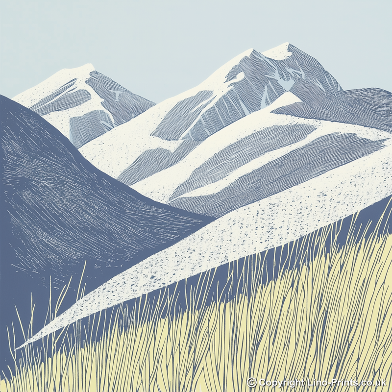 Snow-dusted fell tops Linoprint-Style Art (2557-1)