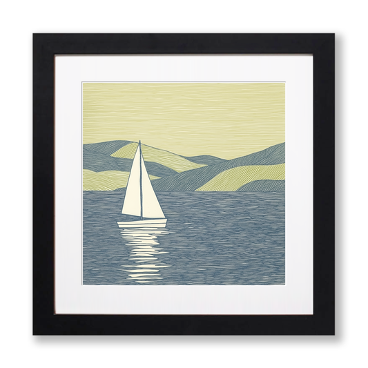 Sailing boat silhouette on the water Linoprint-Style Art (2528-5)