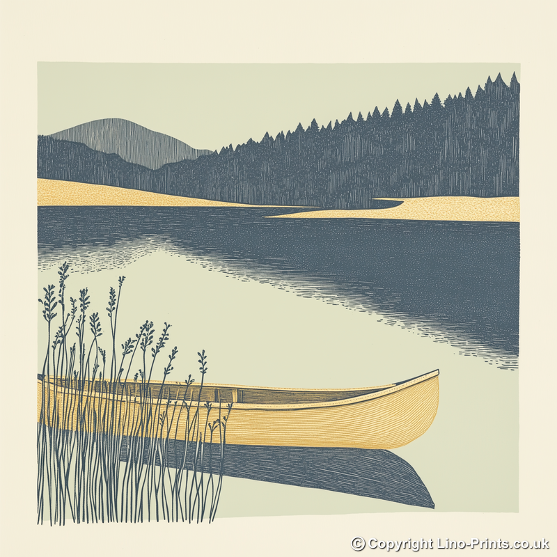 Kayak or canoe on a quiet lake Linoprint-Style Art (2466-1)