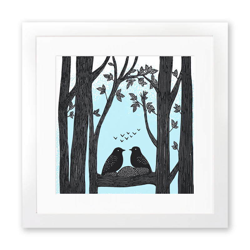 Brambles with birds nesting Linoprint-Style Art (709-1)