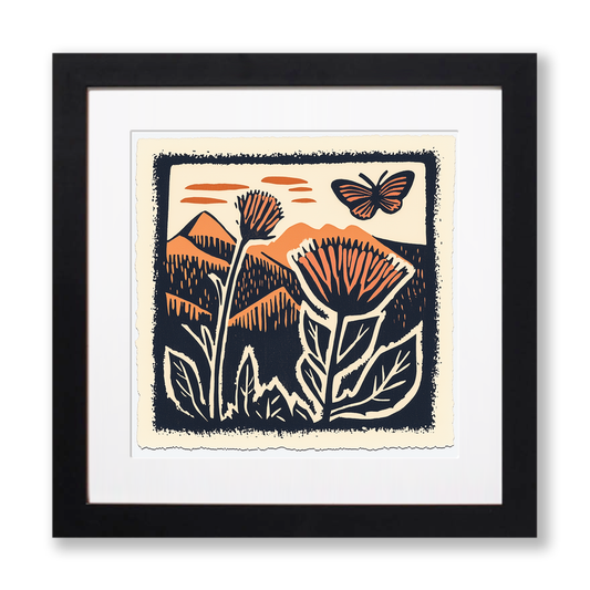 Thistle with butterfly Linoprint-Style Art (114-1)