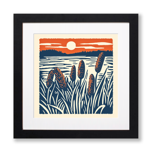 Frosted grass in a Fen sunrise Linoprint-Style Art (1991-1)