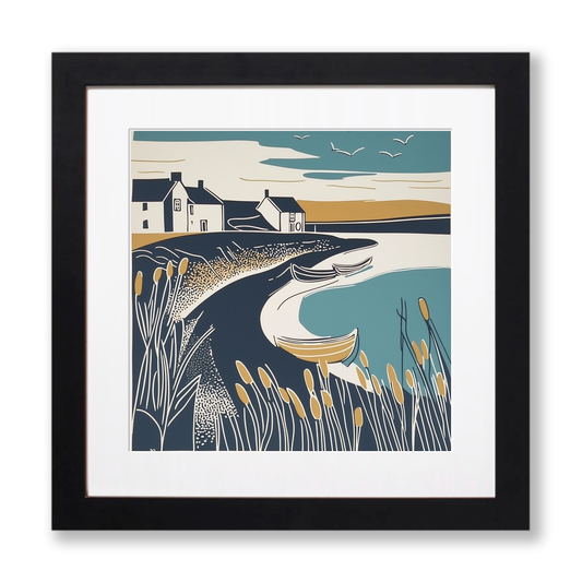 Burnham Overy Staithe creek Linoprint-Style Art (1866-1)