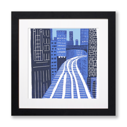 Chicago elevated train tracks Linoprint-Style Art (842-1)