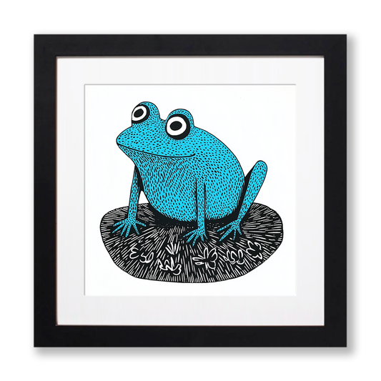 Frog on lily pad Linoprint-Style Art (715-1)