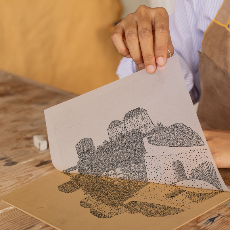 Dubrovnik old city walls Linoprint-Style Art (555-1)