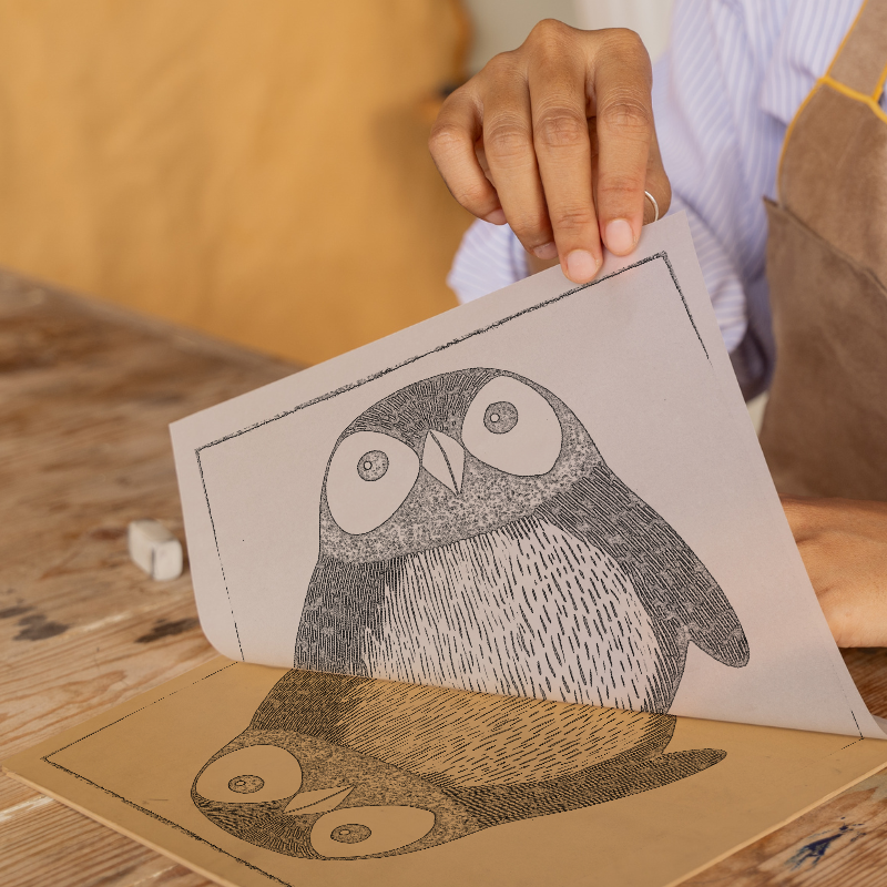 Cute Puffin/Puffling Linoprint-Style Art (638-2)