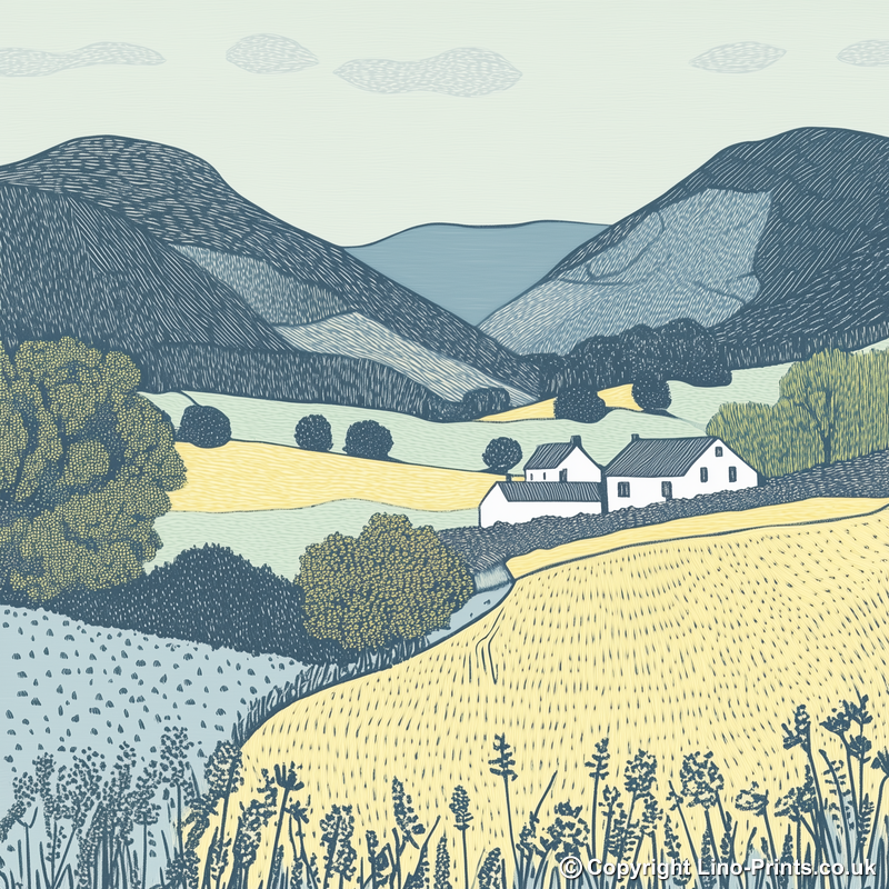 Borrowdale valley farms Linoprint-Style Art (2373-3)