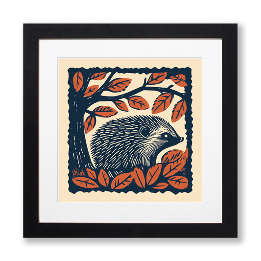 Hedgehog in autumn leaves Linoprint-Style Art (94-3)