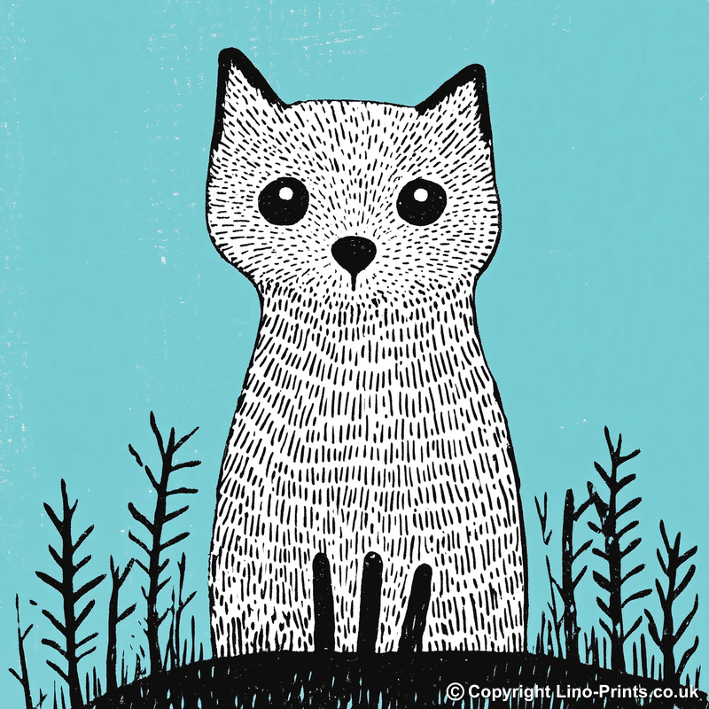 Cute Arctic Fox Pup Linoprint-Style Art (607-1)